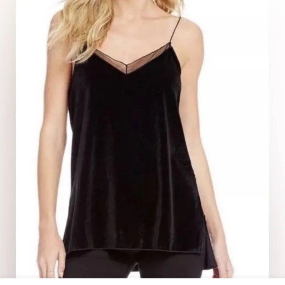 Intimately Free People Black Velvet Camisole with Mesh Lace Detail, Side Slits.